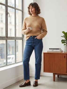 Mohair Wool Crewneck Sweater Loose Knit Large Camel Tan Neutral‎